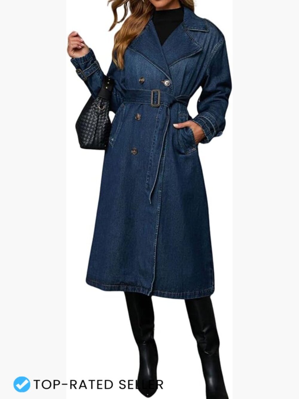 Vintage Double Breasted Denim Trench Coat Mid Long Jean Duster Belted